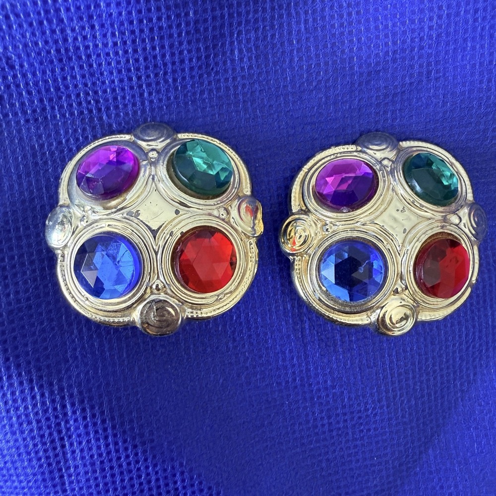 Vtg Gold Tone Multicolor Rhinestone Clip On Stud Earrings 1.5" Statement Boho